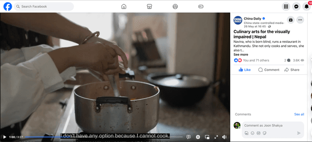 Screenshot of facebook post Culinary arts for the visually impaired | Nepal