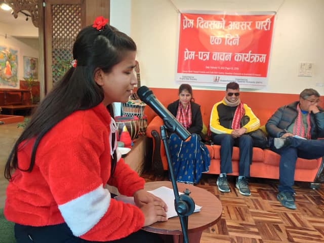 A unique event was organized by SATH on the occasion of Valentines’ Day, 2022, where PVIs expressed one’s feelings of love and tragedy in the form of letters. The letters were written in Braille script, but were distributed in ink for judgement, as the event was competition based. Ms. Ashma Limbu bagged the first Prize among 11 participants. Renowned theatre artist and director, Mr. Prabhakar Neupane was the judge of the competition.