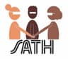 A logo with three people standing in a circle with their hands together in the center. The logo is a rectangle with the letters SATH in the bottom center.